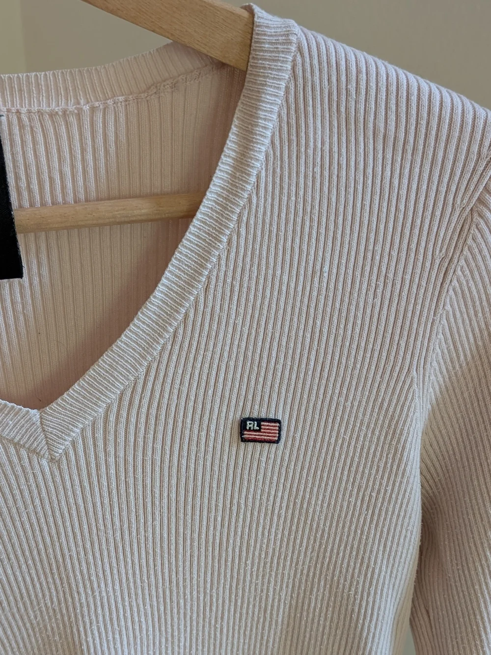 Vintage Polo Ralph Lauren Classic Neutral Long-sleeve V-neck Ribbed Tee Ivory